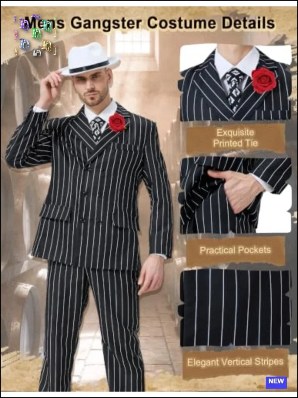 1920s Gangster Costume for Men 5pc Pinstripe Mobster Halloween Suit Set